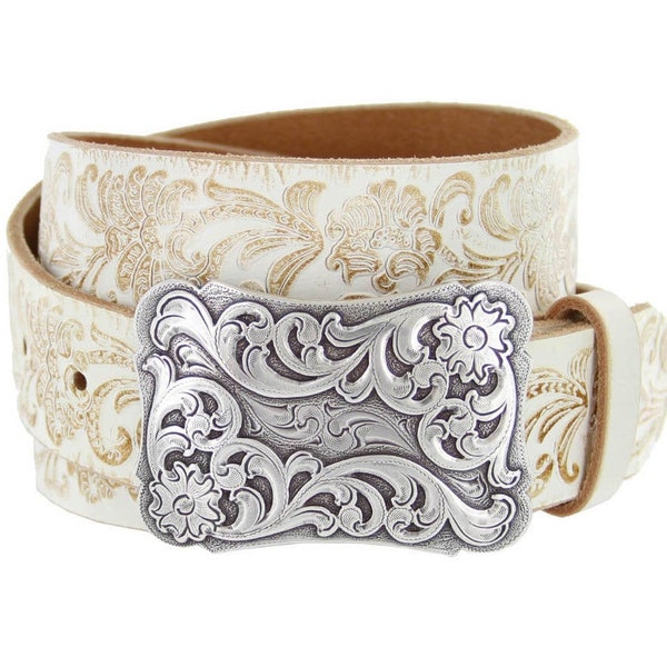 Ceinture en cuir pour femmes à outils crème - Bracelet occidental floral - Boucle de ceinture gravée en argent Embossed White Rodeo Bling Ladies 1.5 sangle amovible