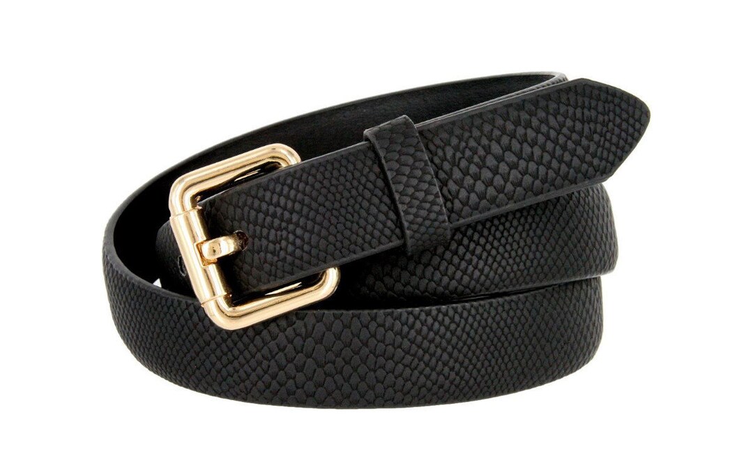 Women's Black Leather Belt Gold Buckle 1'' Wide Skinny Thin Style Waist