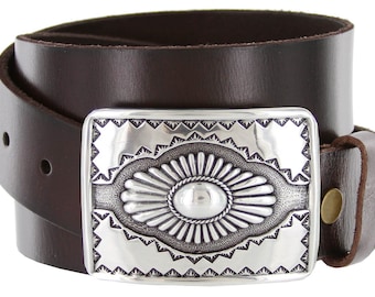 Dark Brown Western Premium Leather Belt - Snap on Buckle - Engraved Silver Western Riding Style - Trophy - Mens Womens Casual Dress