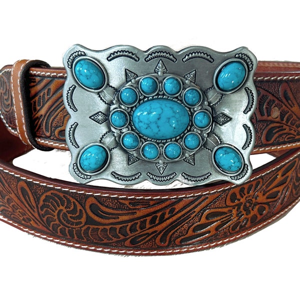 Southwestern Brown Tooled Leather Belt - Turquoise Belt Buckle - Removable Strap Western Style Embossed 100% Full Grain Made in USA - Womens