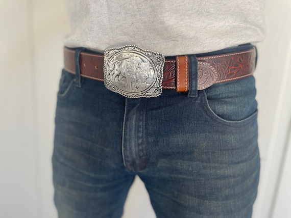 Buffalo Buckle Tooled Brown Leather Belt Removable Belt Strap USA Silver  Large Engraved Western Buckle Trophy Riding Strap Brown Mens 