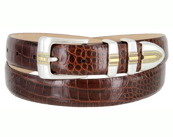 Brown Italian Calfskin Genuine Leather Belt - 1 1/8'' Wide Alligator Print Dress Belt - Father's Day Gift Idea Golf Silver Buckle Keeper