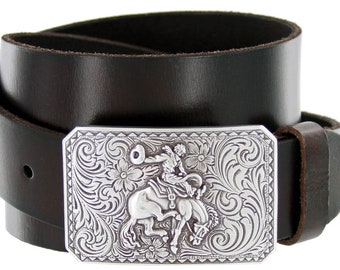 Dark Brown Western Genuine Leather Belt - Bronco Rodeo Rider -  Snap on Buckle - Engraved Silver Western Riding Style - Cowboy Cowgirl