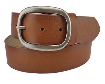 Brown Vegan Leather Belt Size - Synthetic Leatherette - Silver Oval Buckle - Handmade - Jeans Casual Womens - Snap on Belt