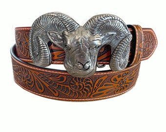 Bighorn Sheep Tooled Brown Leather Belt - Removable Belt Strap - Ram Goat Silver Large Engraved Western - Trophy Riding Strap Brown Mens