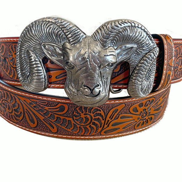Bighorn Sheep Tooled Brown Leather Belt - Sangle de ceinture amovible - Ram Goat Silver Large Gravé Western - Trophy Riding Strap Brown Mens