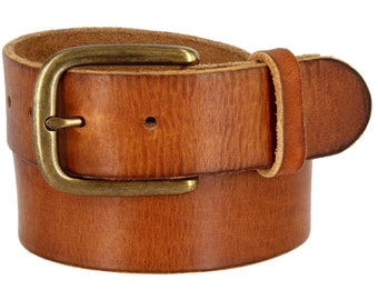 Tan Brown Genuine Leather Casual Belt - Brass Removable Buckle - Jeans - 100% Cowhide - All Sizes - Women's - Mens - Father's Day Gift Idea