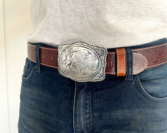 Buffalo Buckle Tooled Brown Leather Belt - Removable Belt Strap - USA Silver Large Engraved Western Buckle - Trophy Riding Strap Brown Mens