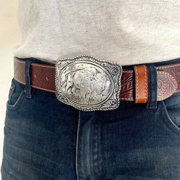Buffalo Buckle Tooled Brown Leather Belt - Removable Belt Strap - USA Silver Large Engraved Western Buckle - Trophy Riding Strap Brown Mens