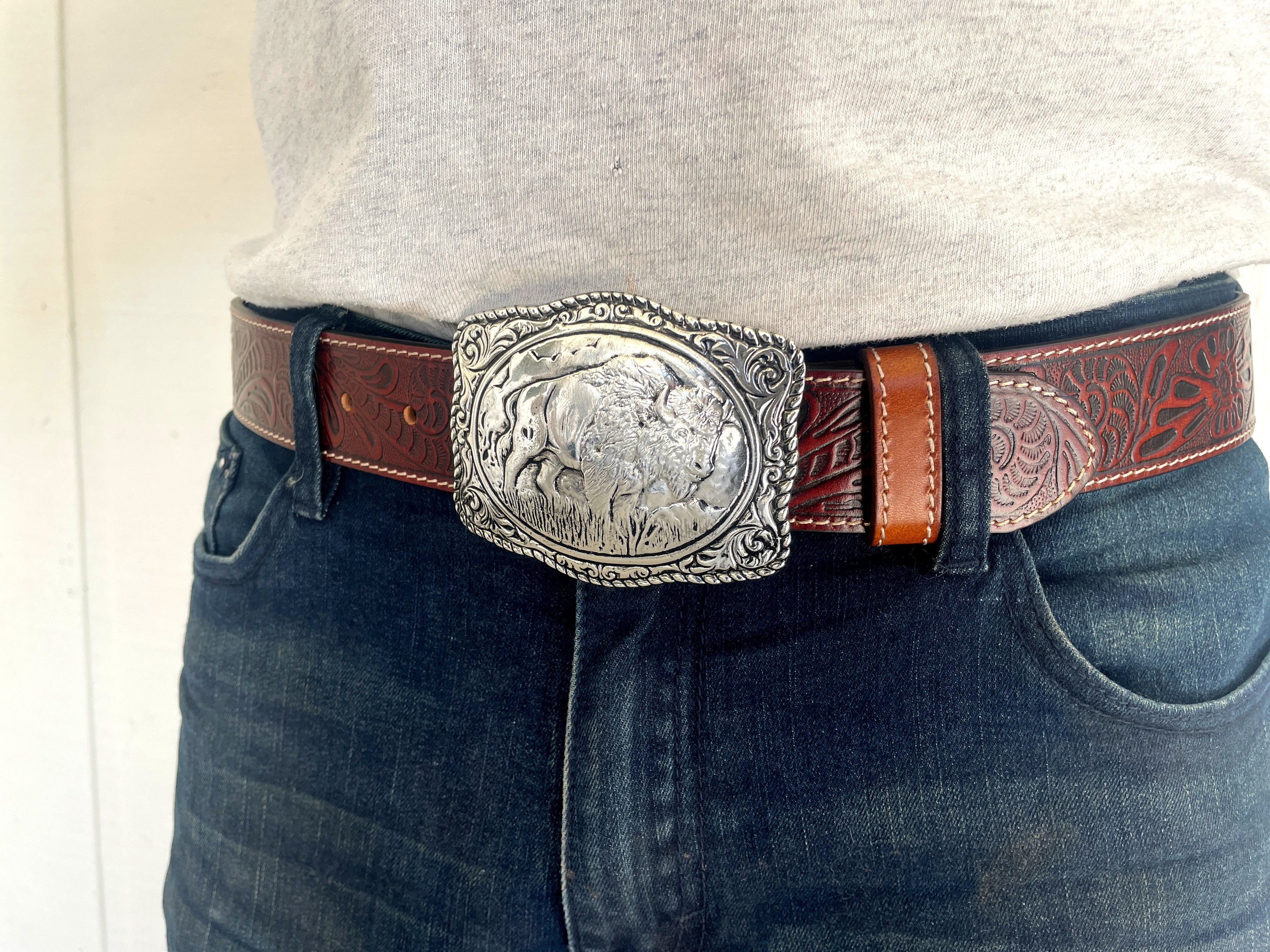 Buffalo Buckle Tooled Brown Leather Belt Removable Belt 