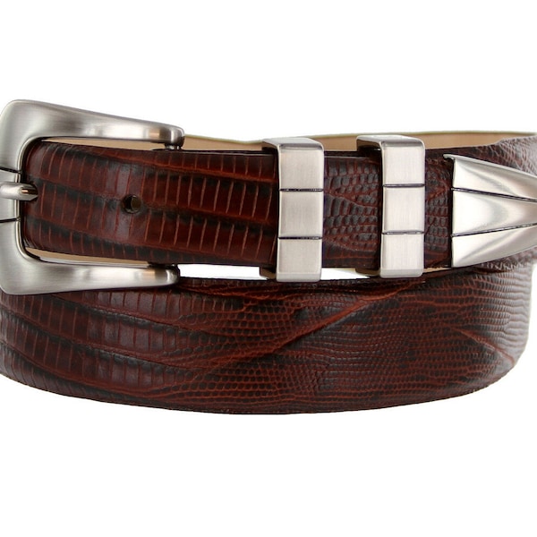 Italian Calfskin Genuine Leather Belt - 1 1/8'' Wide Lizard Print Embossed Dress Belt - Father's Day Gift Idea Golf Silver Buckle Keeper