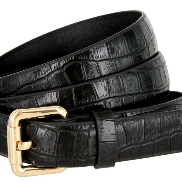 Women's Black Leather  Belt - Gold Buckle - 1'' Wide - Skinny Thin Style - Waist - Jeans - Alligator Print Leather - Embossed