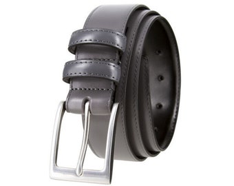 Grey Italian Calfskin Genuine Leather Belt - 1 3/8'' Wide Silver Buckle Dress Belt - Father's Day Gift Idea Golf - Cinch Waist Pants Casual