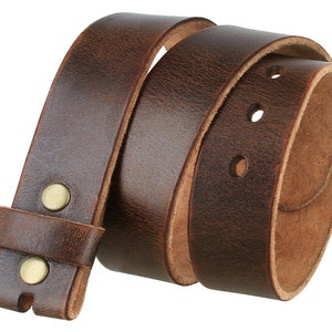 Distressed Dark Brown Leather Snap Belt Strap 1.5'' Strap Genuine Cow Hide Vintage Style Mens Womens Brass Snaps Removable Casual image 3