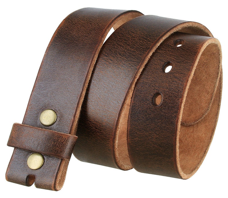 Distressed Dark Brown Leather Snap Belt Strap 1.5'' Strap Genuine Cow Hide Vintage Style Mens Womens Brass Snaps Removable Casual image 3