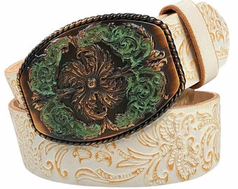 Creme punzierter Damen Ledergürtel - Floraler Westernriemen - Kupfer gravierte Gürtelschnalle geprägter weißer Rodeo Bling Damen 1.5 abnehmbarer Riemen