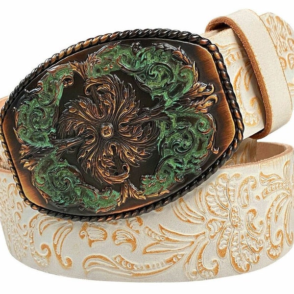 Cream Tooled Women's Leather Belt - Floral Western Strap - Copper Engraved Belt buckle Embossed White Rodeo Bling Ladies 1.5 removable strap