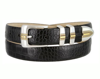 Black Italian Calfskin Genuine Leather Belt - 1 1/8'' Wide Alligator Print Dress Belt - Father's Day Gift Idea Golf Silver Buckle Keeper