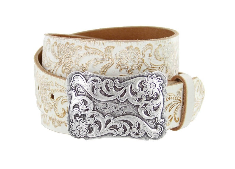 Cream Tooled Women's Leather Belt Floral Western Strap Silver Engraved Belt buckle Embossed White Rodeo Bling Ladies 1.5 removable strap image 1