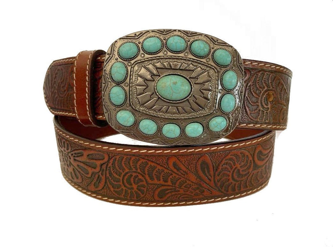 Southwestern Brown Tooled Leather Belt Turquoise Belt Buckle - Etsy