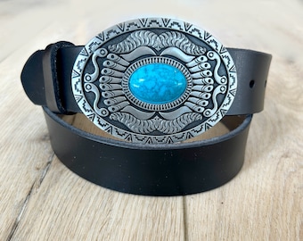 Southwestern Oval Black Leather Belt - Turquoise Belt Buckle Brown Removable Strap Western Genuine 100% Full Grain Made in USA - Womens