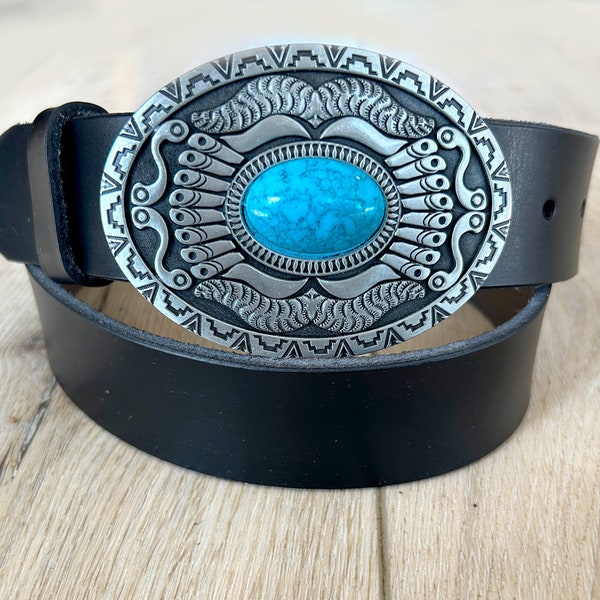 Southwestern Oval Black Leather Belt - Turquoise Belt Buckle Brown Removable Strap Western Genuine 100% Full Grain Made in USA - Womens