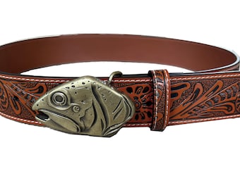Fish Brown Genuine Leather Belt - Handmade Fisherman Trout Salmon Belt Buckle Removable Strap Western Style Embossed Made in USA Fly River