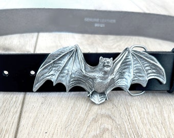 Black Bat Belt - Genuine Black Leather - Removable Buckle - Strap Made in USA - Men's Gift Idea - Gothic Dracula Animal Scary Large 1.5''