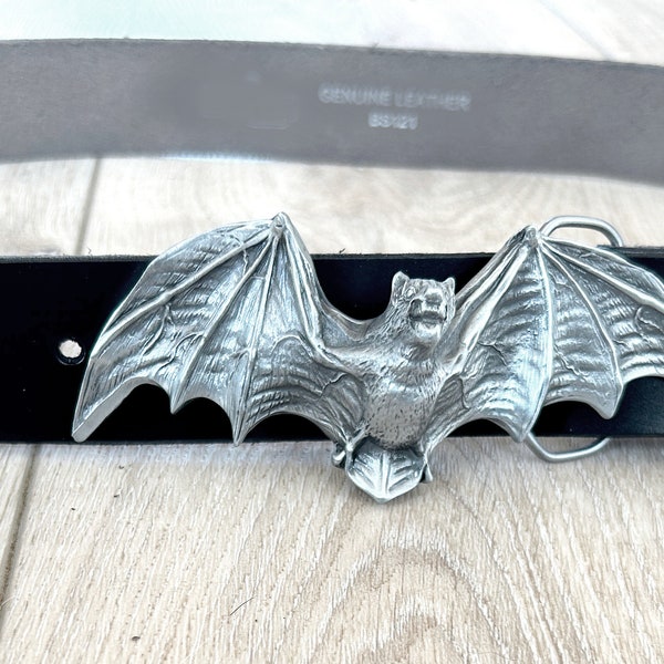 Black Bat Belt - Genuine Black Leather - Removable Buckle - Strap Made in USA - Men's Gift Idea - Gothic Dracula Animal Scary Large 1.5''