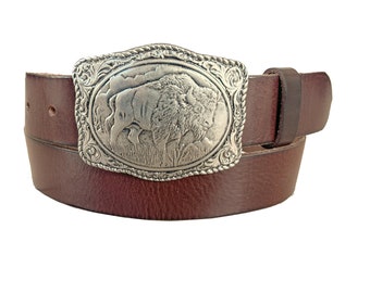 Brown Buffalo Leather Belt Sizes  - Gift Idea for husband Bison - Distressed Snap On Belt - Man Western Silver Engraved Yellowstone Casual