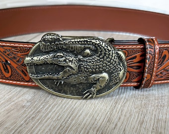 Crocodile Buckle Genuine Leather Belt - Brass Alligator Handmade Belt Buckle Removable Strap Western Style Embossed Made in USA Florida