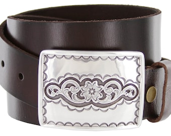 Dark Brown Western Genuine Full Grain Leather Belt - Snap on Buckle - Engraved Silver Western Riding Style - Trophy - Horse Casual Dress