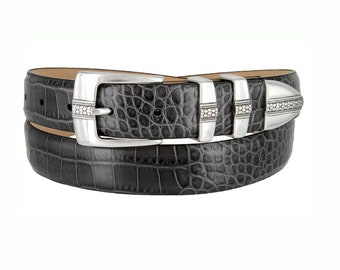 Gray Italian Calfskin Genuine Leather Belt - 1 1/8'' Wide Alligator Print Dress Belt - Father's Day Gift Idea Golf Silver Buckle Keeper