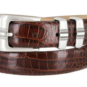 Italian Calfskin Genuine Leather Belt 1 1/8'' Wide Crocodile Print Embossed Dress Belt Father's Day Gift Idea Golf Silver Buckle Keeper image 2