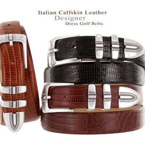 Italian Calfskin Genuine Leather Belt 1 1/8'' Wide Crocodile Print Embossed Dress Belt Father's Day Gift Idea Golf Silver Buckle Keeper image 3