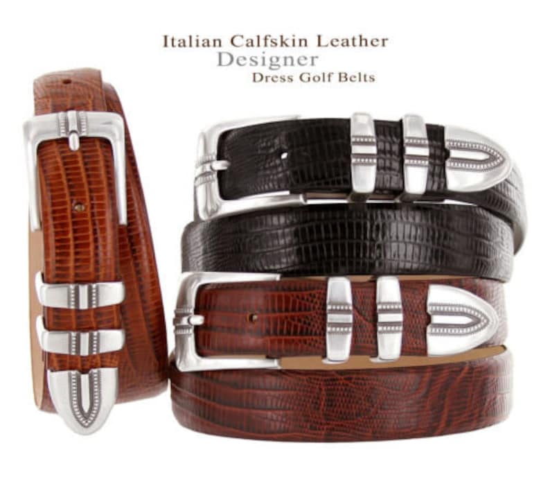 Italian Calfskin Genuine Leather Belt 1 1/8'' Wide Crocodile Print Embossed Dress Belt Father's Day Gift Idea Golf Silver Buckle Keeper image 3