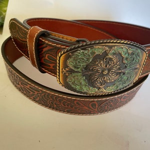 Women's Copper and Turquoise Patina Belt Western Style Tooled Embossed ...