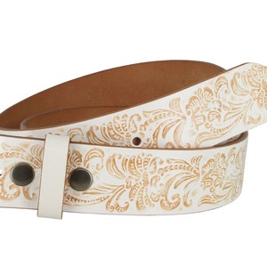 Cream Tooled Women's Leather Belt Floral Western Strap Silver Engraved Belt buckle Embossed White Rodeo Bling Ladies 1.5 removable strap image 2