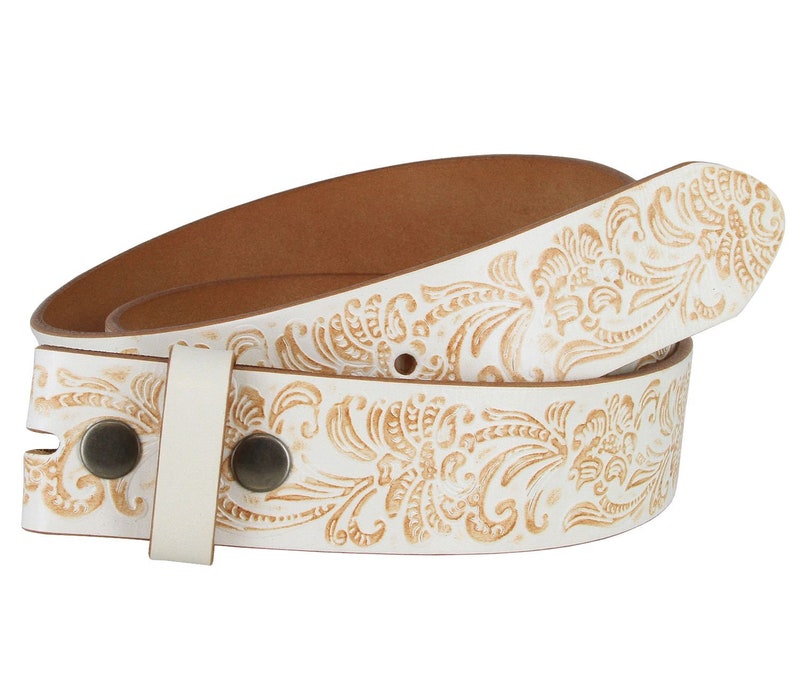 Cream Tooled Women's Leather Belt Floral Western Strap Silver Engraved Belt buckle Embossed White Rodeo Bling Ladies 1.5 removable strap image 2