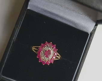 Vintage Hallmarked 9ct Gold Diamond and Ruby Ladies Cluster Dress Ring