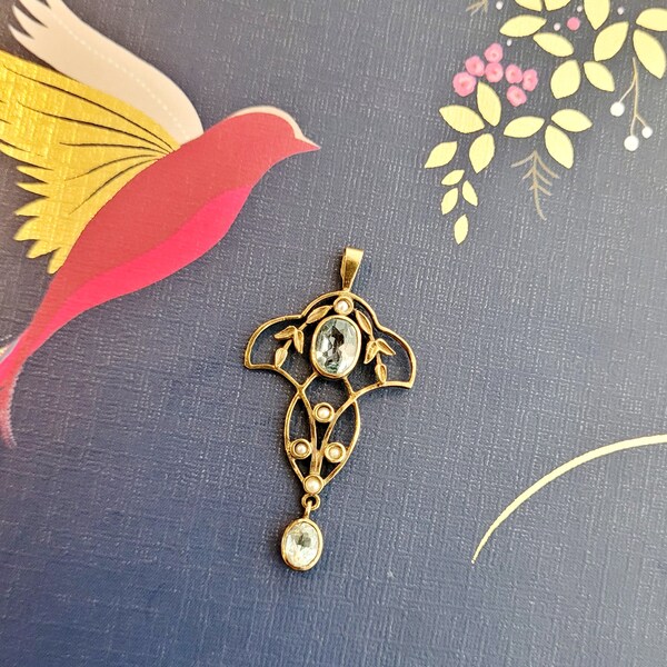 Vintage 9ct Gold Hallmarked Art Nouveau Style Seed Pearl and Aqua Stone Pendant Lavaliere