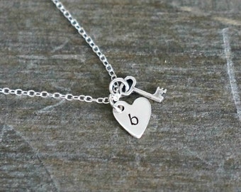 Key to My Heart // Tiny Sterling Silver Monogrammed Heart and Key with lowercase letter of your choice • dainty jewelry • custom necklace