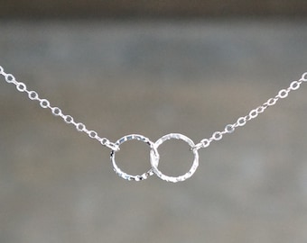 Entwined Circle Necklace / Tiny Silver Linked Hammered Infinity Rings on a Sterling Silver Chain ... tiny interlocking eternity circles