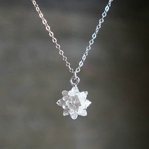 Tiny Silver Lotus Necklace // Textured 3D Lotus Charm on a Sterling Silver Chain