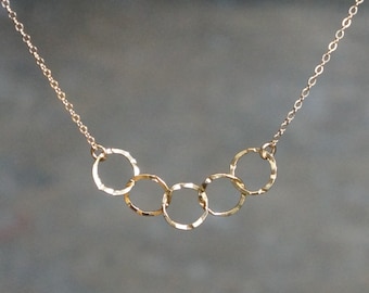 Five Entwined Circles Necklace / Tiny Gold Linked Hammered Infinity Rings on a 14k Gold Filled Chain .. tiny interlocking eternity circles