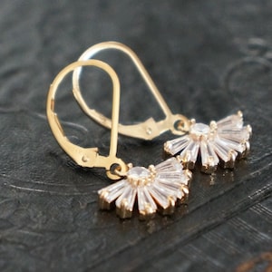 Retro CZ Fan Earrings with Leverbacks // Elegant Flapper Earrings • Art Deco Style Crystal Charms on 14k Gold Filled Ear Wires