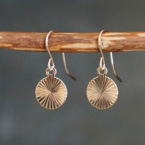 Sunburst Disc Earrings in Gold // Dainty Gold Textured Discs on 14k Gold Filled Ear Wires • Retro 70s Jewelry • Shimmering Earrings