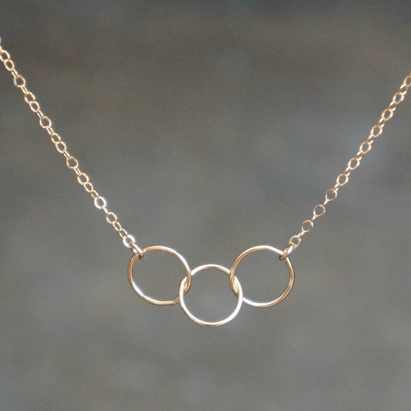 Entwined Circle Necklace / Three Tiny Gold Linked Infinity Rings on 14k Gold Filled Chain • Interlocking Eternity Circles • Family Necklace