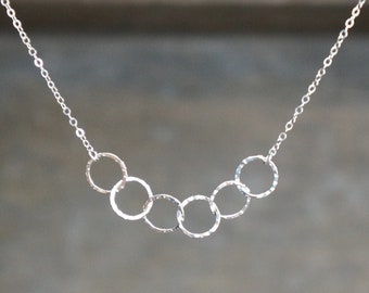 Six Entwined Circles Necklace / Tiny Silver Linked Hammered Infinity Rings on a Sterling Silver Chain ... tiny interlocking eternity circles