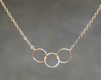 Entwined Circle Necklace / Three Tiny Gold Linked Infinity Rings on 14k Gold Filled Chain • Interlocking Eternity Circles • Family Necklace